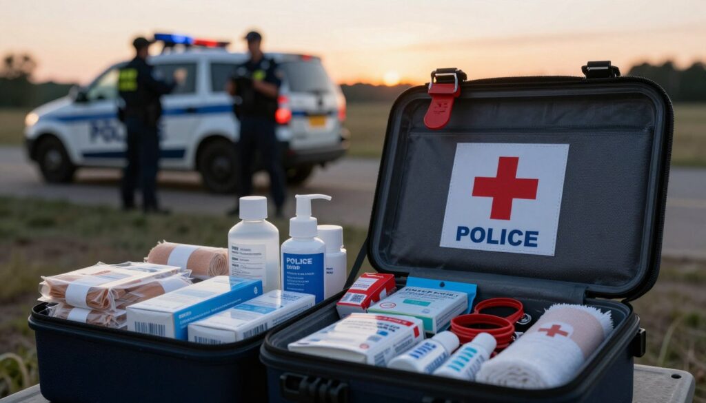 A well-organized police first aid kit (apteczka) displayed prominently in the foreground, open to reveal a variety of organized medical supplies such as bandages, tourniquets, antiseptics, and splints, all neatly arranged. The middle ground features a blurred police vehicle and personnel in professional attire demonstrating readiness for intervention. In the background, a dusky outdoor scene suggesting a field operation, illuminated by soft, ambient lighting as the sun sets, casting a warm glow. The image conveys a sense of urgency and preparedness, capturing the critical role of medical supplies in police operations. Shot from a slightly elevated angle to showcase the kit and environment effectively.