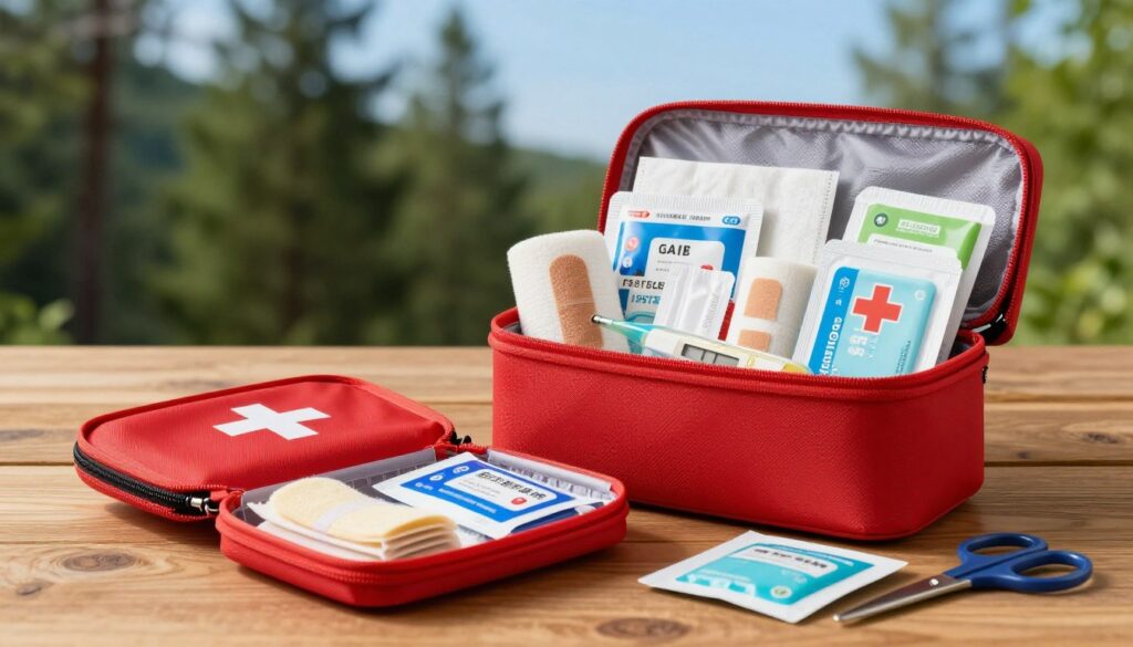 A well-organized travel first aid kit displayed on a wooden table, showcasing essential supplies for outdoor adventures. In the foreground, a vibrant red first aid kit is partially open, revealing items like bandages, antiseptic wipes, and a small pair of scissors. The middle layer features various medical supplies such as gauze, adhesive tape, and a thermometer, arranged neatly around the kit. The background includes a soft-focus nature scene with green trees and a blue sky, creating a sense of adventure and safety in the wilderness. The lighting is bright and natural, enhancing the clarity of the items. A warm, inviting atmosphere emphasizes preparedness and care for outdoor activities. A well-organized travel first aid kit displayed on a wooden table, showcasing essential supplies for outdoor adventures. In the foreground, a vibrant red first aid kit is partially open, revealing items like bandages, antiseptic wipes, and a small pair of scissors. The middle layer features various medical supplies such as gauze, adhesive tape, and a thermometer, arranged neatly around the kit. The background includes a soft-focus nature scene with green trees and a blue sky, creating a sense of adventure and safety in the wilderness. The lighting is bright and natural, enhancing the clarity of the items. A warm, inviting atmosphere emphasizes preparedness and care for outdoor activities.