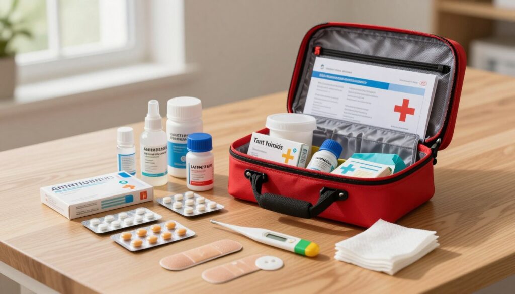 A well-organized travel first aid kit displayed prominently on a clean wooden table. In the foreground, various essential medications, such as pain relievers, antihistamines, and antiseptics, are neatly arranged alongside small medical supplies like band-aids, gauze, and a thermometer. The middle section features an open, stylish, and compact red first aid bag, showcasing the interior compartments filled with labeled containers and pamphlets about basic first aid. In the background, natural light pours in through a nearby window, creating a warm, inviting atmosphere. The overall composition conveys preparedness and care, with a slight depth of field effect for emphasis. The mood is reassuring and practical, suitable for travel preparation. A well-organized travel first aid kit displayed prominently on a clean wooden table. In the foreground, various essential medications, such as pain relievers, antihistamines, and antiseptics, are neatly arranged alongside small medical supplies like band-aids, gauze, and a thermometer. The middle section features an open, stylish, and compact red first aid bag, showcasing the interior compartments filled with labeled containers and pamphlets about basic first aid. In the background, natural light pours in through a nearby window, creating a warm, inviting atmosphere. The overall composition conveys preparedness and care, with a slight depth of field effect for emphasis. The mood is reassuring and practical, suitable for travel preparation.