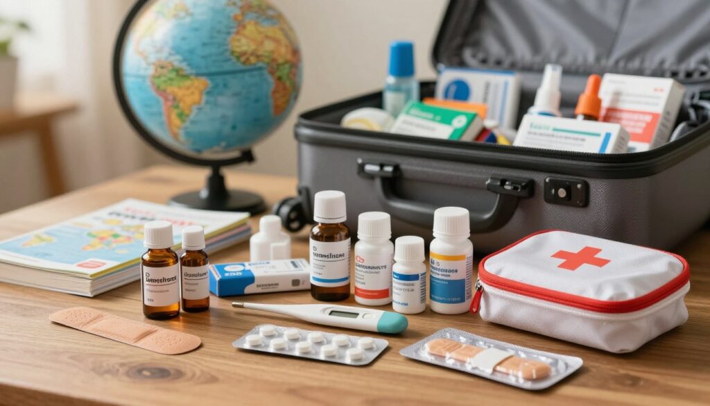 A well-organized travel health kit laid out on a wooden table, showcasing various medications, band-aids, and first aid supplies. In the foreground, focus on clearly labeled medication bottles, a digital thermometer, and a small travel-sized first aid kit. The middle ground features a globe and travel guidebook, symbolizing international travel. The background is softly blurred, with a suitcase partially open, revealing more health-related items such as insect repellent and allergy medications. The lighting is warm and inviting, illuminating the scene as if in a cozy travel preparation space. The mood is practical yet reassuring, emphasizing the importance of being prepared for specific health needs while traveling, catered for individuals and families. A well-organized travel health kit laid out on a wooden table, showcasing various medications, band-aids, and first aid supplies. In the foreground, focus on clearly labeled medication bottles, a digital thermometer, and a small travel-sized first aid kit. The middle ground features a globe and travel guidebook, symbolizing international travel. The background is softly blurred, with a suitcase partially open, revealing more health-related items such as insect repellent and allergy medications. The lighting is warm and inviting, illuminating the scene as if in a cozy travel preparation space. The mood is practical yet reassuring, emphasizing the importance of being prepared for specific health needs while traveling, catered for individuals and families.