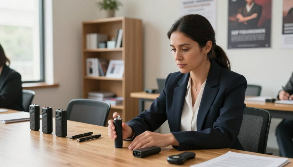 A well-organized workshop setting, featuring a woman in professional business attire, thoughtfully selecting a self-defense tool from an array of items displayed on a wooden table. The foreground showcases her hands reaching for a pepper spray, with other tools like personal alarms and tactical pens in the background. Soft, natural lighting filters through a nearby window, creating a warm atmosphere. The middle space includes shelves lined with information on self-defense techniques and legal guidelines. The background features a clean, inspiring space with motivational posters about empowerment. The angle is slightly elevated, giving a comprehensive view of the selection process while maintaining focus on the woman’s thoughtful expression. The overall mood is focused, educational, and empowering. A well-organized workshop setting, featuring a woman in professional business attire, thoughtfully selecting a self-defense tool from an array of items displayed on a wooden table. The foreground showcases her hands reaching for a pepper spray, with other tools like personal alarms and tactical pens in the background. Soft, natural lighting filters through a nearby window, creating a warm atmosphere. The middle space includes shelves lined with information on self-defense techniques and legal guidelines. The background features a clean, inspiring space with motivational posters about empowerment. The angle is slightly elevated, giving a comprehensive view of the selection process while maintaining focus on the woman’s thoughtful expression. The overall mood is focused, educational, and empowering.