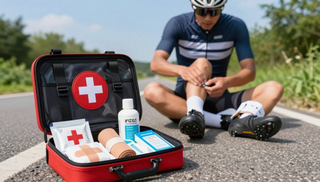 A well-stocked bicycle first aid kit is depicted in the foreground, showcasing a variety of medical supplies like bandages, antiseptics, and splints arranged neatly. The middle ground features a cyclist in professional cycling attire, tending to a minor injury while sitting beside a road, ensuring the scene conveys a sense of urgency and care. In the background, lush greenery and a clear blue sky create a vibrant atmosphere, emphasizing an outdoor cycling environment. The lighting is bright and natural, highlighting the contents of the first aid kit. The composition is shot from a slightly elevated angle, providing a clear view of both the cyclist and the kit, instilling a mood of preparedness and safety in biking activities.