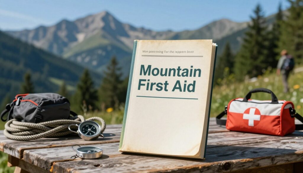 A well-worn, practical guidebook titled "Mountain First Aid" is prominently displayed in the foreground, resting on a weathered wooden table scattered with hiking gear like ropes, a compass, and a first aid kit. In the middle ground, a scenic mountain landscape unfolds with lush green forests and rugged peaks under a clear blue sky, evoking a sense of adventure and urgency. Soft, natural lighting bathes the scene, enhancing the book’s textures and the surrounding outdoor elements. The atmosphere is calm yet encouraging, inviting viewers to consider the importance of preparedness for high-altitude treks. A distant hiker in modest outdoor attire can be seen in the background, adding a human element to the wilderness setting.