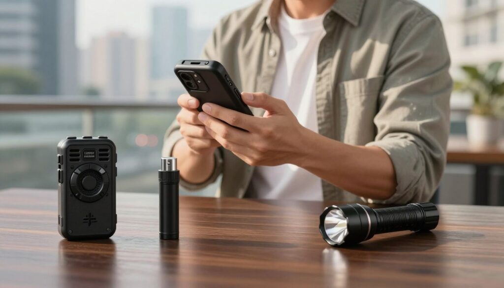 An illustration of a modern personal safety toolkit on a sleek, dark wooden table in an urban environment. In the foreground, a variety of safety tools like a personal alarm, pepper spray, and a tactical flashlight are displayed prominently. In the middle ground, a confident individual in smart, casual attire inspects a compact self-defense device, demonstrating a proactive attitude towards safety. The background features a softly blurred cityscape, emphasizing a sense of vigilance in an urban setting. Warm, natural lighting casts gentle shadows, creating a welcoming yet alert atmosphere. The image conveys empowerment and preparedness, ideal for depicting personal safety measures in everyday life.