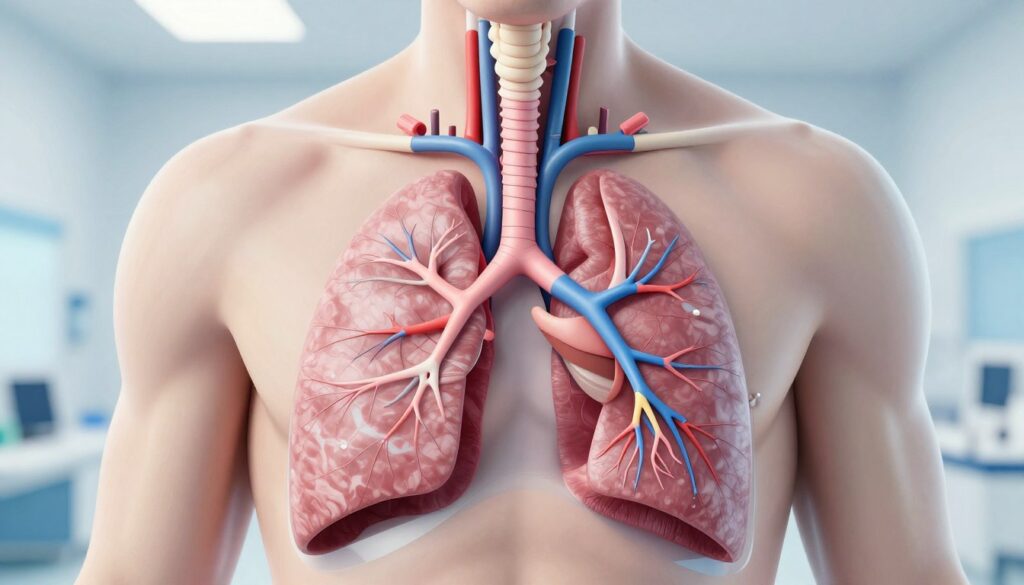 Anatomical illustration of human airways, showcasing a detailed view of the trachea, bronchi, and lungs in a realistic and educational style. The foreground features a clear, labeled diagram of the air passageways, with vibrant colors to highlight different sections. The middle ground blends seamlessly into a soft-focus anatomical background that suggests a clinical environment, perhaps with subtle hints of medical equipment like stethoscopes or a hospital setting. The lighting is bright and clinical, emphasizing clarity and precision, with a slight shadow for depth. The mood is serious yet informative, aiming to educate the viewer on airway anatomy. The overall composition should be organized to facilitate understanding while remaining visually appealing. Anatomical illustration of human airways, showcasing a detailed view of the trachea, bronchi, and lungs in a realistic and educational style. The foreground features a clear, labeled diagram of the air passageways, with vibrant colors to highlight different sections. The middle ground blends seamlessly into a soft-focus anatomical background that suggests a clinical environment, perhaps with subtle hints of medical equipment like stethoscopes or a hospital setting. The lighting is bright and clinical, emphasizing clarity and precision, with a slight shadow for depth. The mood is serious yet informative, aiming to educate the viewer on airway anatomy. The overall composition should be organized to facilitate understanding while remaining visually appealing.
