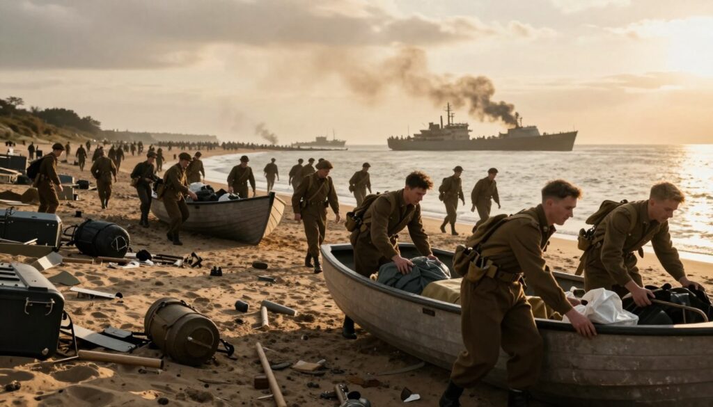 A British Expeditionary Force unit preparing for a strategic mission during the Dunkirk evacuation, set on the sandy shores of a beach littered with abandoned equipment and debris. In the foreground, soldiers in military uniforms of the time, displaying determination and camaraderie, are loading supplies onto small boats. The middle ground features a chaotic yet organized scene of troops moving towards the water, while the background shows the silhouettes of ships in the distance and smoke rising from ongoing conflicts. The lighting is dramatic, with a golden sunset casting long shadows and illuminating the brave faces of the soldiers. The atmosphere is tense yet hopeful, capturing a pivotal moment in history. The angle of the shot is slightly low to emphasize the action and urgency of the evacuation effort.