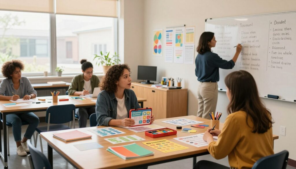 A bright and inviting classroom scene preparing for a lesson in emotional first aid. In the foreground, a diverse group of teachers—two women and one man—are arranging colorful educational materials on a wooden table, discussing strategies with focused expressions. One teacher, wearing smart casual attire, holds a mental health toolkit, while another writes notes on a whiteboard filled with motivational quotes. In the middle, desks are organized with art supplies, helping guides, and posters on emotional well-being. The background features large windows letting in warm, natural light, casting a soft glow over the room. The atmosphere is calm and collaborative, conveying a sense of readiness and supportive community. Aim for a wide-angle shot that captures the entire classroom setting. A bright and inviting classroom scene preparing for a lesson in emotional first aid. In the foreground, a diverse group of teachers—two women and one man—are arranging colorful educational materials on a wooden table, discussing strategies with focused expressions. One teacher, wearing smart casual attire, holds a mental health toolkit, while another writes notes on a whiteboard filled with motivational quotes. In the middle, desks are organized with art supplies, helping guides, and posters on emotional well-being. The background features large windows letting in warm, natural light, casting a soft glow over the room. The atmosphere is calm and collaborative, conveying a sense of readiness and supportive community. Aim for a wide-angle shot that captures the entire classroom setting.
