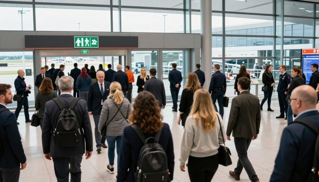 A bustling scene at Chopin Airport, showcasing the emergency evacuation procedure in action. In the foreground, a diverse group of passengers, dressed in professional business attire and modest casual clothing, calmly following evacuation instructions from airport staff. In the middle ground, airport personnel in uniforms guide people toward emergency exits, with clearly marked evacuation signage visible. The background features the modern architecture of Chopin Airport, with large glass windows reflecting natural light and helping create a sense of urgency and high alert. The atmosphere is tense yet orderly, emphasizing professionalism and safety. Use a wide-angle lens to capture the dynamic action and create depth, with bright, clear lighting to enhance visibility. A bustling scene at Chopin Airport, showcasing the emergency evacuation procedure in action. In the foreground, a diverse group of passengers, dressed in professional business attire and modest casual clothing, calmly following evacuation instructions from airport staff. In the middle ground, airport personnel in uniforms guide people toward emergency exits, with clearly marked evacuation signage visible. The background features the modern architecture of Chopin Airport, with large glass windows reflecting natural light and helping create a sense of urgency and high alert. The atmosphere is tense yet orderly, emphasizing professionalism and safety. Use a wide-angle lens to capture the dynamic action and create depth, with bright, clear lighting to enhance visibility.
