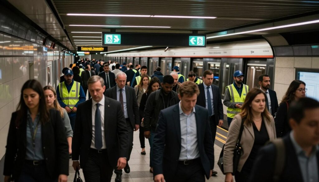 A bustling underground metro station during an emergency evacuation. In the foreground, a diverse group of commuters, dressed in professional business attire and modest casual clothing, are calmly yet purposefully following illuminated exit signs. In the middle ground, personnel in high-visibility vests assist passengers, guiding them towards the exits. The atmosphere is tense but organized, with soft overhead lighting illuminating the scene and shadowy corners creating a slight sense of urgency. The background features a crowded platform with trains at rest, and digital displays indicating "Evacuate Immediately." The angle is slightly low to capture the depth of the station, enhancing the mood of collective action and safety under pressure. A bustling underground metro station during an emergency evacuation. In the foreground, a diverse group of commuters, dressed in professional business attire and modest casual clothing, are calmly yet purposefully following illuminated exit signs. In the middle ground, personnel in high-visibility vests assist passengers, guiding them towards the exits. The atmosphere is tense but organized, with soft overhead lighting illuminating the scene and shadowy corners creating a slight sense of urgency. The background features a crowded platform with trains at rest, and digital displays indicating "Evacuate Immediately." The angle is slightly low to capture the depth of the station, enhancing the mood of collective action and safety under pressure.