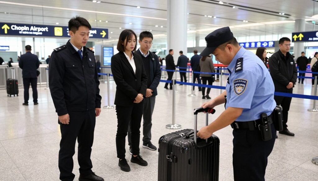 A busy airport security area at Chopin Airport, focusing on the procedures following the detection of suspicious luggage. In the foreground, a security officer in a professional uniform is analyzing a large, unaccompanied suitcase, using a handheld scanner, while a few concerned passengers stand at a safe distance, dressed in business attire. The middle ground features a well-marked security line and visible signage indicating safety protocols. The background shows airport personnel calmly directing travelers away from the area. The lighting is bright and clear, emphasizing the urgency and professionalism of the scene. The atmosphere is tense yet controlled, conveying the seriousness of airport security measures. The perspective is slightly elevated to capture a comprehensive view of the situation. A busy airport security area at Chopin Airport, focusing on the procedures following the detection of suspicious luggage. In the foreground, a security officer in a professional uniform is analyzing a large, unaccompanied suitcase, using a handheld scanner, while a few concerned passengers stand at a safe distance, dressed in business attire. The middle ground features a well-marked security line and visible signage indicating safety protocols. The background shows airport personnel calmly directing travelers away from the area. The lighting is bright and clear, emphasizing the urgency and professionalism of the scene. The atmosphere is tense yet controlled, conveying the seriousness of airport security measures. The perspective is slightly elevated to capture a comprehensive view of the situation.