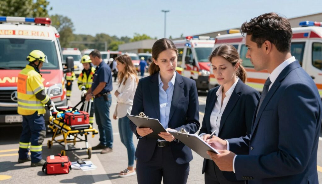 A busy emergency scene depicting safety protocols in action before an evacuation. In the foreground, a diverse group of three professionals in business attire are assessing the situation seriously, with one holding a clipboard and discussing plans. The middle ground shows first responders preparing equipment, such as stretchers and first aid kits, while others guide bystanders to safety. The background features a chaotic environment with emergency vehicles and a clear blue sky, suggesting urgency. Dramatic lighting highlights the professionals' focused expressions, offering a sense of determination and calm amidst the chaos. Capture this scene from a slightly elevated angle to provide an overview of the decisive actions being taken. A busy emergency scene depicting safety protocols in action before an evacuation. In the foreground, a diverse group of three professionals in business attire are assessing the situation seriously, with one holding a clipboard and discussing plans. The middle ground shows first responders preparing equipment, such as stretchers and first aid kits, while others guide bystanders to safety. The background features a chaotic environment with emergency vehicles and a clear blue sky, suggesting urgency. Dramatic lighting highlights the professionals' focused expressions, offering a sense of determination and calm amidst the chaos. Capture this scene from a slightly elevated angle to provide an overview of the decisive actions being taken.