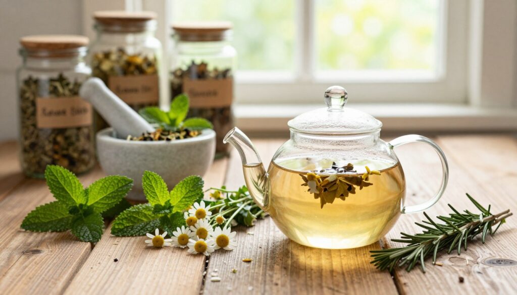 A carefully arranged herbal infusion preparation scene. In the foreground, a glass teapot filled with freshly brewed herbal tea sits on a rustic wooden table, surrounded by an assortment of vibrant, fresh herbs like chamomile, mint, and rosemary. The middle ground features a mortar and pestle with some herbs being ground, and various jars with labeled herbs, showcasing the art of natural remedy preparation. In the background, softly blurred, a sunlit kitchen window casts warm, natural light, enhancing the cozy atmosphere. The image captures an inviting, tranquil mood, inspiring a sense of well-being and connectedness to nature. The overall composition should evoke a sense of warmth and simplicity, showcasing the beauty of herbal medicine in practice.