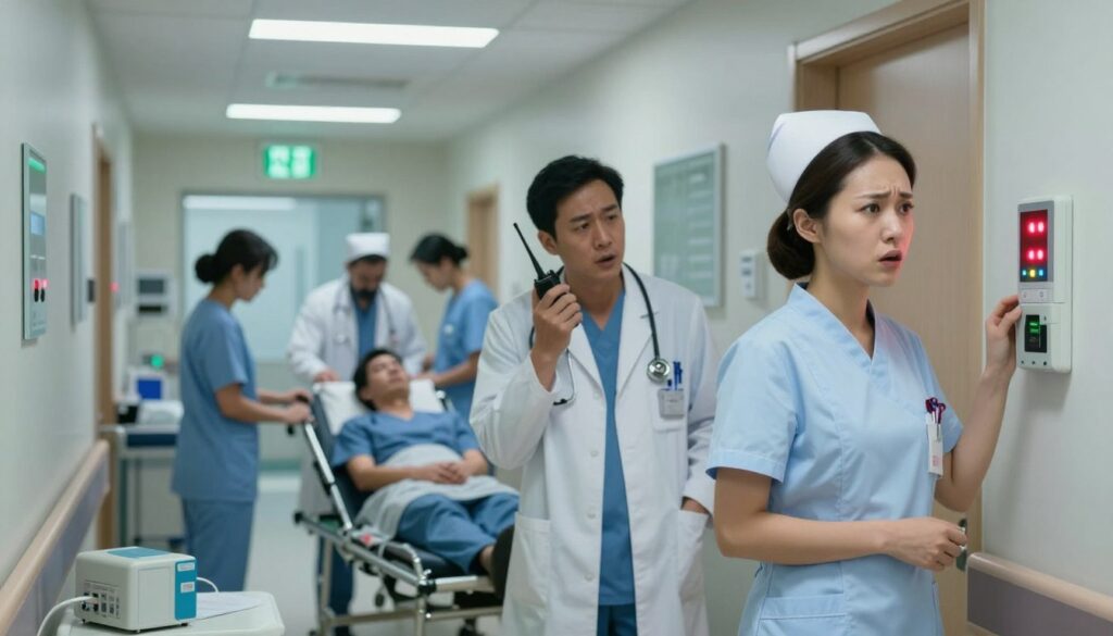 A chaotic hospital scene depicting a series of false alarms, with concerned medical staff in professional attire interacting in a busy corridor. In the foreground, a nurse glances anxiously at an alarm panel displaying flashing lights, her brow furrowed. In the middle ground, a doctor speaks urgently into a walkie-talkie, while additional nurses assist patients seen anxiously sitting on gurneys. The background shows illuminated exit signs and scattered medical equipment, enhancing the sense of urgency. The atmosphere is tense yet controlled, with overhead fluorescent lights casting a stark, clinical glow over the scene. The image should capture the professionalism of the hospital staff while conveying the stressful nature of multiple false alarms in a medical setting. A chaotic hospital scene depicting a series of false alarms, with concerned medical staff in professional attire interacting in a busy corridor. In the foreground, a nurse glances anxiously at an alarm panel displaying flashing lights, her brow furrowed. In the middle ground, a doctor speaks urgently into a walkie-talkie, while additional nurses assist patients seen anxiously sitting on gurneys. The background shows illuminated exit signs and scattered medical equipment, enhancing the sense of urgency. The atmosphere is tense yet controlled, with overhead fluorescent lights casting a stark, clinical glow over the scene. The image should capture the professionalism of the hospital staff while conveying the stressful nature of multiple false alarms in a medical setting.