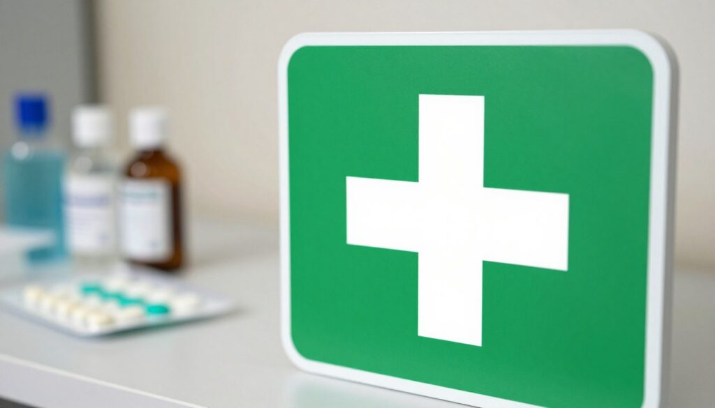 A clear and accurate representation of a first aid kit symbol, featuring a stylized, white cross on a green background. The foreground highlights the distinctive first aid emblem, which is properly proportioned according to established standards. In the middle ground, softly blurred elements suggest a clinical setting with neatly arranged medical supplies, emphasizing the importance of the symbol. The background should consist of neutral tones to keep the focus on the sign, with diffused soft lighting to create an approachable and professional atmosphere. The composition is framed from a slightly elevated angle, ensuring a clean, unobstructed view of the first aid sign, evoking a sense of safety and readiness for emergencies.