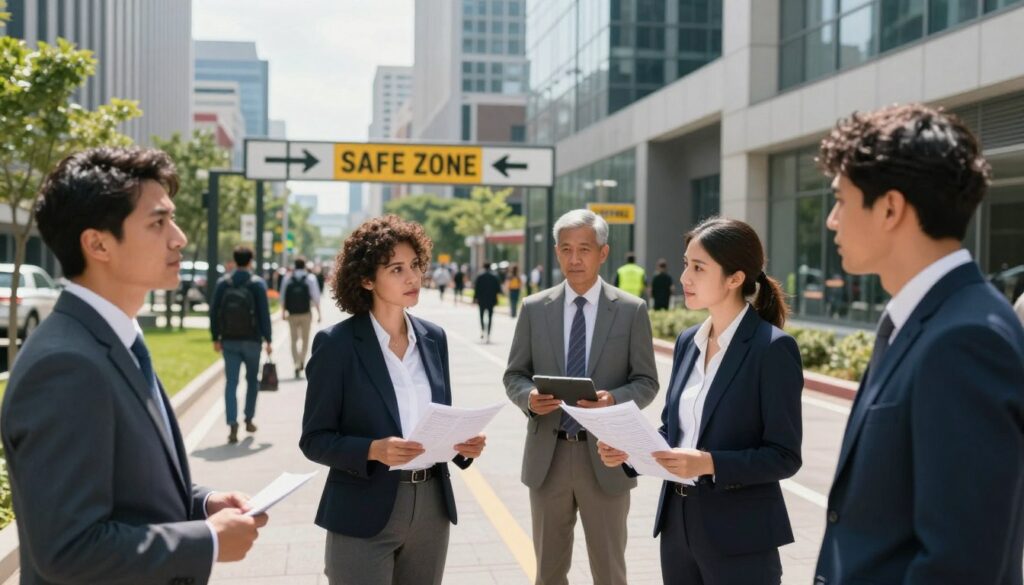 A clear and informative scene depicting the basic principles of emergency evacuation, set in an urban environment. In the foreground, a diverse group of individuals in professional business attire is discussing evacuation plans; their expressions showing focus and determination. The middle ground features a well-marked evacuation route with signs and arrows, as people move towards designated safe zones. The background includes a modern city skyline under a bright but slightly overcast sky, symbolizing urgency without panic. Natural lighting enhances the realism, with shadows cast from the buildings. The atmosphere conveys a sense of organization and preparedness, illustrating the importance of community response during crisis situations. A clear and informative scene depicting the basic principles of emergency evacuation, set in an urban environment. In the foreground, a diverse group of individuals in professional business attire is discussing evacuation plans; their expressions showing focus and determination. The middle ground features a well-marked evacuation route with signs and arrows, as people move towards designated safe zones. The background includes a modern city skyline under a bright but slightly overcast sky, symbolizing urgency without panic. Natural lighting enhances the realism, with shadows cast from the buildings. The atmosphere conveys a sense of organization and preparedness, illustrating the importance of community response during crisis situations.