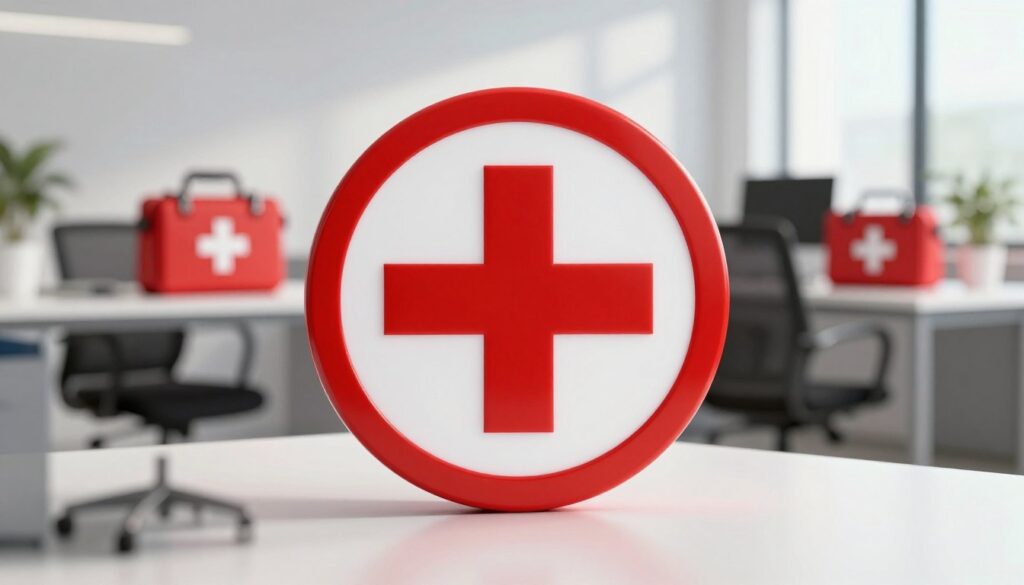A clear and professional depiction of a "first aid symbol" prominently featured in the foreground. The symbol should be a vibrant red cross over a white background, designed in a modern style. In the middle ground, illustrate an office setting with neatly arranged desks, chairs, and a first aid kit placed strategically to emphasize safety. The background includes soft, natural lighting from large windows, casting gentle shadows that create an inviting atmosphere. Use a slight depth of field to keep the focus on the symbol while softly blurring the surroundings. Ensure that the overall mood conveys safety, preparedness, and professionalism, suitable for a workplace environment. No text, captions, or watermarks.