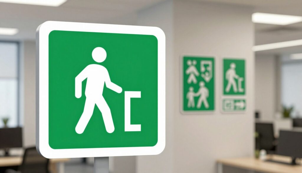 A clear and professional evacuation sign, prominently displayed in a well-lit indoor environment, emphasizing its design and color scheme. The foreground features the iconic green and white symbol depicting an individual exiting a building, illustrated with clean lines and high contrast for visibility. In the middle ground, various types of evacuation signage are subtly included, showcasing differences in design according to regulations and standards. The background is a modern office setting with neutral tones, creating a safety-focused atmosphere. The lighting is bright yet soft, highlighting the signs without glare. The mood is serious yet informative, reinforcing the importance of recognizing and correctly interpreting evacuation signs in compliance with safety norms. A clear and professional evacuation sign, prominently displayed in a well-lit indoor environment, emphasizing its design and color scheme. The foreground features the iconic green and white symbol depicting an individual exiting a building, illustrated with clean lines and high contrast for visibility. In the middle ground, various types of evacuation signage are subtly included, showcasing differences in design according to regulations and standards. The background is a modern office setting with neutral tones, creating a safety-focused atmosphere. The lighting is bright yet soft, highlighting the signs without glare. The mood is serious yet informative, reinforcing the importance of recognizing and correctly interpreting evacuation signs in compliance with safety norms.