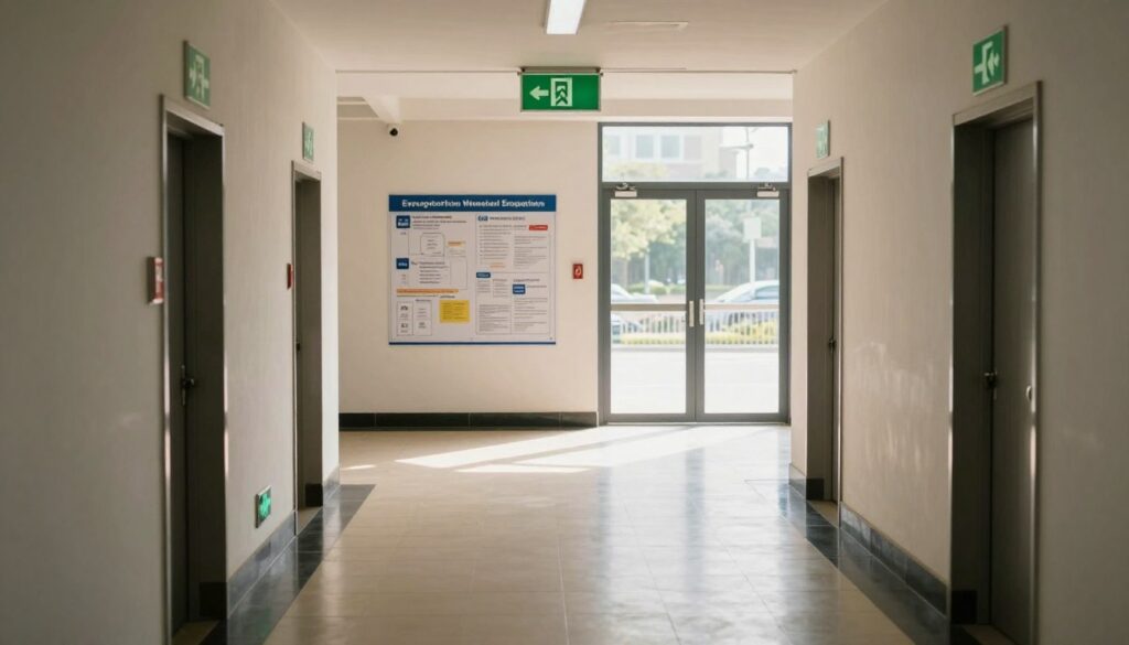 A clear and well-lit emergency escape route in a commercial building, showcasing vibrant green exit signs and illuminated pathways. In the foreground, a detailed view of a wide, unobstructed hallway with marked emergency exits on either side, featuring non-slip flooring. In the middle ground, a complete look at an organized evacuation plan displayed on the wall, guiding the viewer’s gaze. The background captures the perspective of an open glass door leading to a safe outdoor area, with bright sunlight filtering in, enhancing the urgency of the exit. The atmosphere is calm yet focused, conveying safety and preparedness. No people present, ensuring a clear visual of the evacuation route. Soft, natural lighting adds an inviting sense of security to the scene. A clear and well-lit emergency escape route in a commercial building, showcasing vibrant green exit signs and illuminated pathways. In the foreground, a detailed view of a wide, unobstructed hallway with marked emergency exits on either side, featuring non-slip flooring. In the middle ground, a complete look at an organized evacuation plan displayed on the wall, guiding the viewer’s gaze. The background captures the perspective of an open glass door leading to a safe outdoor area, with bright sunlight filtering in, enhancing the urgency of the exit. The atmosphere is calm yet focused, conveying safety and preparedness. No people present, ensuring a clear visual of the evacuation route. Soft, natural lighting adds an inviting sense of security to the scene.