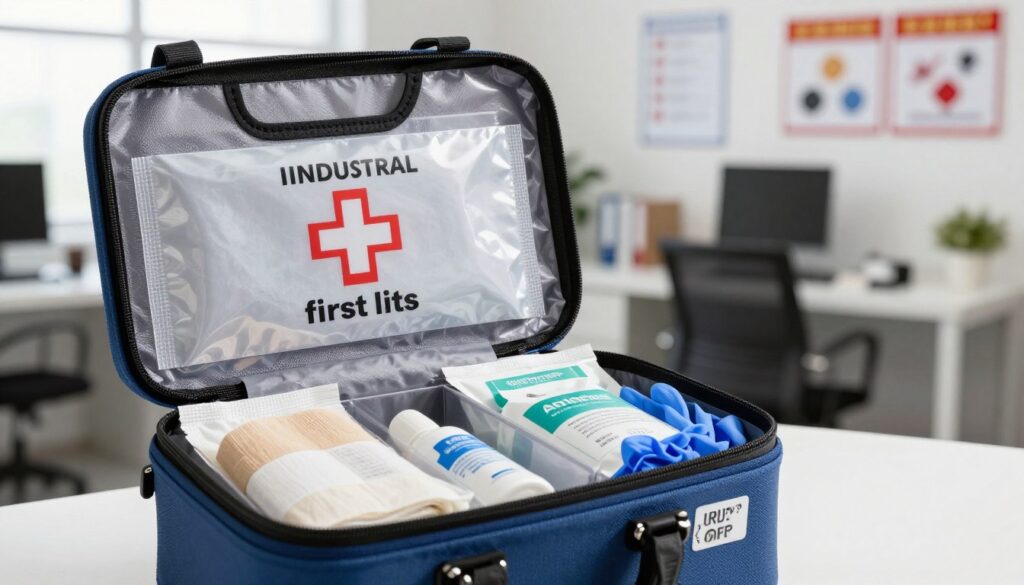 A close-up image of an industrial first aid kit featuring a moisture-resistant seal. The kit should be prominently displayed in the foreground, showcasing its durable design with clear labeling and compartments filled with essential medical supplies like bandages, antiseptic wipes, and gloves. In the middle ground, integrate a soft-focus view of a well-lit, organized workplace environment, conveying a sense of safety and preparedness. The background can include a blurred office setting with safety posters on the walls. Use natural lighting to create a bright and inviting atmosphere, highlighting the functionality of the first aid kit. The angle should be slightly elevated, emphasizing the kit’s importance within the workplace context. A close-up image of an industrial first aid kit featuring a moisture-resistant seal. The kit should be prominently displayed in the foreground, showcasing its durable design with clear labeling and compartments filled with essential medical supplies like bandages, antiseptic wipes, and gloves. In the middle ground, integrate a soft-focus view of a well-lit, organized workplace environment, conveying a sense of safety and preparedness. The background can include a blurred office setting with safety posters on the walls. Use natural lighting to create a bright and inviting atmosphere, highlighting the functionality of the first aid kit. The angle should be slightly elevated, emphasizing the kit’s importance within the workplace context.