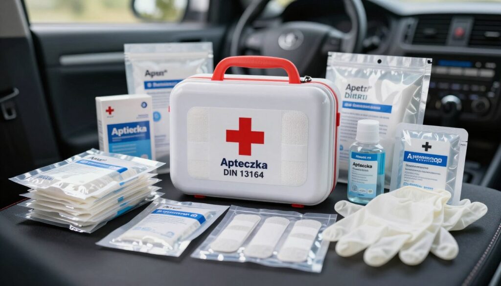 A close-up view of sterile bandages neatly displayed, showcasing their pristine packaging. In the foreground, include various sizes of sterile dressings, clearly labeled and organized, emphasizing their importance for emergency preparedness. The middle ground should feature a well-arranged first aid kit (Apteczka DIN 13164) with the bandages prominently integrated, surrounded by other emergency supplies like antiseptic wipes and gloves, all in a clean and orderly manner. The background can show a soft-focus interior of a car, hinting at the setting where these supplies are crucial. Use natural lighting to create a calm, reassuring atmosphere, capturing the vital role of sterile dressings in emergency situations. The composition should be clear, professional, and educational without any text elements. A close-up view of sterile bandages neatly displayed, showcasing their pristine packaging. In the foreground, include various sizes of sterile dressings, clearly labeled and organized, emphasizing their importance for emergency preparedness. The middle ground should feature a well-arranged first aid kit (Apteczka DIN 13164) with the bandages prominently integrated, surrounded by other emergency supplies like antiseptic wipes and gloves, all in a clean and orderly manner. The background can show a soft-focus interior of a car, hinting at the setting where these supplies are crucial. Use natural lighting to create a calm, reassuring atmosphere, capturing the vital role of sterile dressings in emergency situations. The composition should be clear, professional, and educational without any text elements.