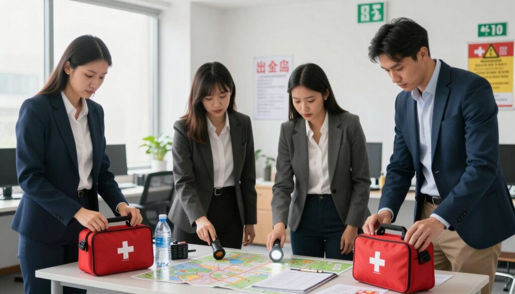 A cohesive scene depicting a preparation for evacuation in a safe setting. In the foreground, a diverse group of four individuals in professional business attire are organizing supplies like first aid kits, water bottles, and flashlights. They display expressions of determination and focus. In the middle ground, a table is arranged with maps, communication devices, and a checklist, all illuminated by bright, natural light streaming through a nearby window. The background features a secure, well-organized office space with emergency exit signs and safety posters, creating a sense of urgency yet calm preparedness. The overall atmosphere conveys readiness and teamwork, with an emphasis on ensuring safety and order during a potential evacuation situation. A cohesive scene depicting a preparation for evacuation in a safe setting. In the foreground, a diverse group of four individuals in professional business attire are organizing supplies like first aid kits, water bottles, and flashlights. They display expressions of determination and focus. In the middle ground, a table is arranged with maps, communication devices, and a checklist, all illuminated by bright, natural light streaming through a nearby window. The background features a secure, well-organized office space with emergency exit signs and safety posters, creating a sense of urgency yet calm preparedness. The overall atmosphere conveys readiness and teamwork, with an emphasis on ensuring safety and order during a potential evacuation situation.