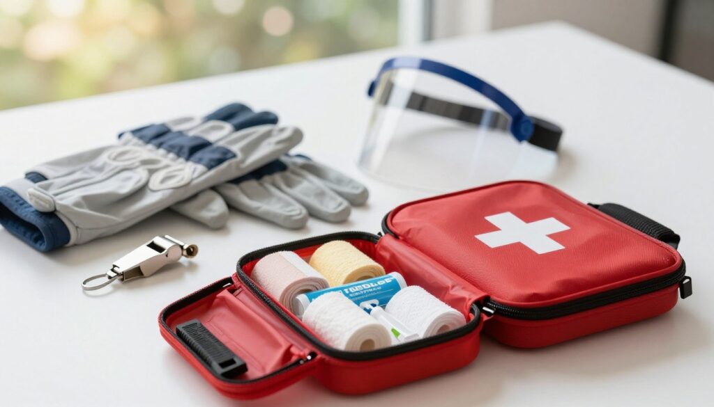 A collection of essential rescue accessories laid out on a clean, modern surface, emphasizing their practicality and importance for safety. In the foreground, include a bright red first aid kit partially open, showcasing neatly organized bandages, antiseptics, and gauze. Surrounding the kit, place an assortment of accessories such as a rescue blanket, a whistle, and a multi-tool, rendered in realistic detail. In the middle ground, add a pair of sturdy gloves and a CPR face shield, hinting at preparedness for emergencies. The background should be softly blurred, featuring hints of a serene outdoor setting, suggesting the outdoors as a potential environment for use. The lighting is bright and natural, creating an atmosphere of hopefulness and readiness. No text or additional elements are present, emphasizing the focus on safety equipment. A collection of essential rescue accessories laid out on a clean, modern surface, emphasizing their practicality and importance for safety. In the foreground, include a bright red first aid kit partially open, showcasing neatly organized bandages, antiseptics, and gauze. Surrounding the kit, place an assortment of accessories such as a rescue blanket, a whistle, and a multi-tool, rendered in realistic detail. In the middle ground, add a pair of sturdy gloves and a CPR face shield, hinting at preparedness for emergencies. The background should be softly blurred, featuring hints of a serene outdoor setting, suggesting the outdoors as a potential environment for use. The lighting is bright and natural, creating an atmosphere of hopefulness and readiness. No text or additional elements are present, emphasizing the focus on safety equipment.