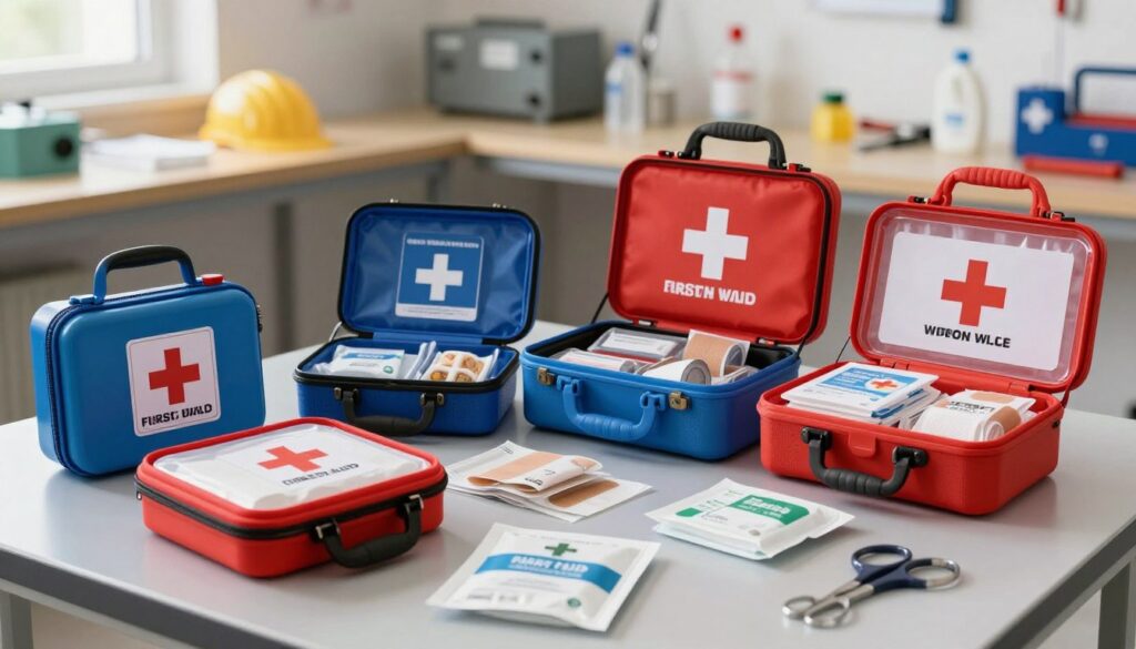 A collection of various types of workplace first aid kits displayed on a clean, organized workbench. In the foreground, close-up views of a well-stocked first aid kit, including bandages, antiseptic wipes, and scissors. In the middle, several different first aid kits of varying sizes and designs, showcasing professional and industrial styles, some open to reveal their contents, while others are closed, featuring labels for easy identification. The background includes a softly blurred workshop environment with tools and safety equipment neatly arranged, illuminated by natural light streaming through a nearby window. The atmosphere is calm and professional, emphasizing readiness for workplace accidents, with a focus on safety and care. A collection of various types of workplace first aid kits displayed on a clean, organized workbench. In the foreground, close-up views of a well-stocked first aid kit, including bandages, antiseptic wipes, and scissors. In the middle, several different first aid kits of varying sizes and designs, showcasing professional and industrial styles, some open to reveal their contents, while others are closed, featuring labels for easy identification. The background includes a softly blurred workshop environment with tools and safety equipment neatly arranged, illuminated by natural light streaming through a nearby window. The atmosphere is calm and professional, emphasizing readiness for workplace accidents, with a focus on safety and care.