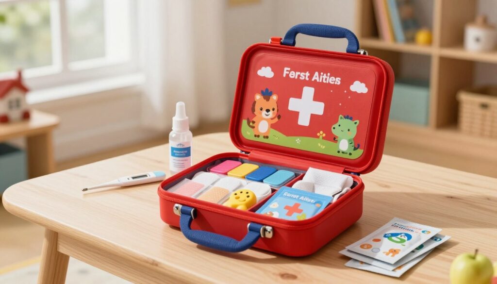A colorful and organized children's first aid kit prominently displayed on a light wooden table. The kit is bright red, featuring fun cartoon graphics of animals, and is slightly open to reveal neatly arranged contents: colorful band-aids, a small bottle of antiseptic, playful shaped gauze, a thermometer, and kid-friendly medicine packages. Soft, natural light filters in from a nearby window, creating a warm, inviting atmosphere. In the background, a cozy playroom can be seen with toys and bookshelves, adding a sense of family care and safety. The scene should convey a mood of safety, warmth, and childhood, highlighting the importance of a well-equipped first aid kit for children. A colorful and organized children's first aid kit prominently displayed on a light wooden table. The kit is bright red, featuring fun cartoon graphics of animals, and is slightly open to reveal neatly arranged contents: colorful band-aids, a small bottle of antiseptic, playful shaped gauze, a thermometer, and kid-friendly medicine packages. Soft, natural light filters in from a nearby window, creating a warm, inviting atmosphere. In the background, a cozy playroom can be seen with toys and bookshelves, adding a sense of family care and safety. The scene should convey a mood of safety, warmth, and childhood, highlighting the importance of a well-equipped first aid kit for children.