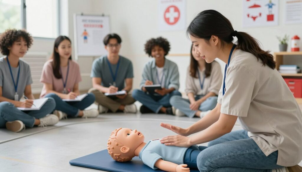 A compassionate scene depicting a pediatric first aid training session. In the foreground, a professional instructor in modest casual clothing demonstrates proper techniques on a child-sized mannequin, using clear and open hand gestures. The middle ground features attentive caregivers of diverse backgrounds, eagerly observing and taking notes while seated on a circular mat. The background includes a well-lit, modern training room equipped with first aid supplies and posters illustrating emergency steps. Soft, natural light floods the space, creating a warm and supportive atmosphere. The image should convey a sense of urgency and care while maintaining a focus on the educational aspect of providing first aid to children. A compassionate scene depicting a pediatric first aid training session. In the foreground, a professional instructor in modest casual clothing demonstrates proper techniques on a child-sized mannequin, using clear and open hand gestures. The middle ground features attentive caregivers of diverse backgrounds, eagerly observing and taking notes while seated on a circular mat. The background includes a well-lit, modern training room equipped with first aid supplies and posters illustrating emergency steps. Soft, natural light floods the space, creating a warm and supportive atmosphere. The image should convey a sense of urgency and care while maintaining a focus on the educational aspect of providing first aid to children.