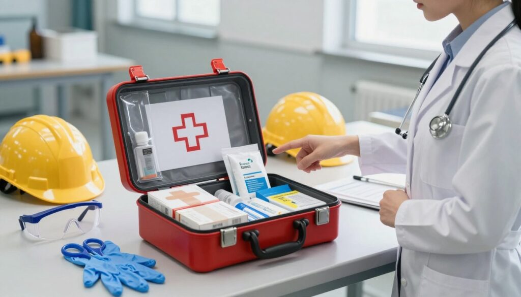 A comprehensive industrial first aid kit prominently displayed on a clean, well-lit workbench. The kit is open, showcasing an organized array of essential supplies like bandages, antiseptics, scissors, and gloves. In the foreground, a medical professional in business attire stands beside the kit, pointing at its contents with a knowledgeable expression. The middle ground features various safety equipment, such as helmets and eye protectors, creating an environment of workplace safety. The background is subtly blurred, suggesting an industrial setting with soft, natural lighting that enhances the focus on the first aid kit. The overall mood is professional and educational, emphasizing the importance of workplace preparedness.
