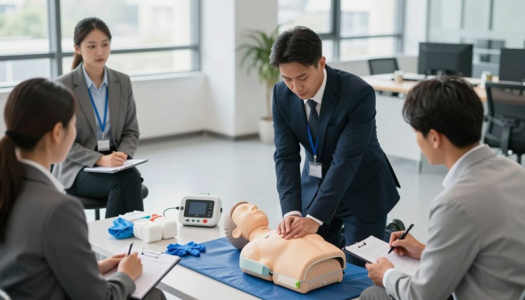 A corporate first aid training session taking place in a modern office setting. In the foreground, a diverse group of four professionals, dressed in smart business attire, are actively participating. One individual demonstrates CPR techniques on a first aid manikin, while another takes notes. The middle ground features a table with medical supplies like bandages, gloves, and an automated external defibrillator. The background shows large windows letting in natural light, creating a bright and inviting atmosphere. The scene conveys a mood of seriousness mixed with teamwork, emphasizing the importance of safety in the workplace. The composition is shot from a slightly elevated angle to capture the interaction and engagement of the participants, enhancing the educational aspect of the training. A corporate first aid training session taking place in a modern office setting. In the foreground, a diverse group of four professionals, dressed in smart business attire, are actively participating. One individual demonstrates CPR techniques on a first aid manikin, while another takes notes. The middle ground features a table with medical supplies like bandages, gloves, and an automated external defibrillator. The background shows large windows letting in natural light, creating a bright and inviting atmosphere. The scene conveys a mood of seriousness mixed with teamwork, emphasizing the importance of safety in the workplace. The composition is shot from a slightly elevated angle to capture the interaction and engagement of the participants, enhancing the educational aspect of the training.
