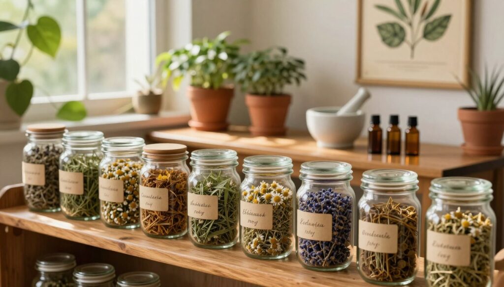 A cozy, inviting herbal medicine shelf fills the foreground, displaying an assortment of glass jars filled with dried herbs and natural remedies. Each jar is labeled with elegant script, showcasing herbs like chamomile, lavender, and echinacea. In the middle ground, a wooden table holds mortar and pestle, along with a few essential oil bottles, casting gentle reflections. The background features soft green plants in terracotta pots, creating a calming atmosphere. Natural sunlight filters through a nearby window, illuminating the scene with warm, golden hues. A vintage botanical print hangs on the wall, enhancing the serene, nature-inspired mood of the space. The overall composition conveys safety, accessibility, and a connection to natural health practices. A cozy, inviting herbal medicine shelf fills the foreground, displaying an assortment of glass jars filled with dried herbs and natural remedies. Each jar is labeled with elegant script, showcasing herbs like chamomile, lavender, and echinacea. In the middle ground, a wooden table holds mortar and pestle, along with a few essential oil bottles, casting gentle reflections. The background features soft green plants in terracotta pots, creating a calming atmosphere. Natural sunlight filters through a nearby window, illuminating the scene with warm, golden hues. A vintage botanical print hangs on the wall, enhancing the serene, nature-inspired mood of the space. The overall composition conveys safety, accessibility, and a connection to natural health practices.