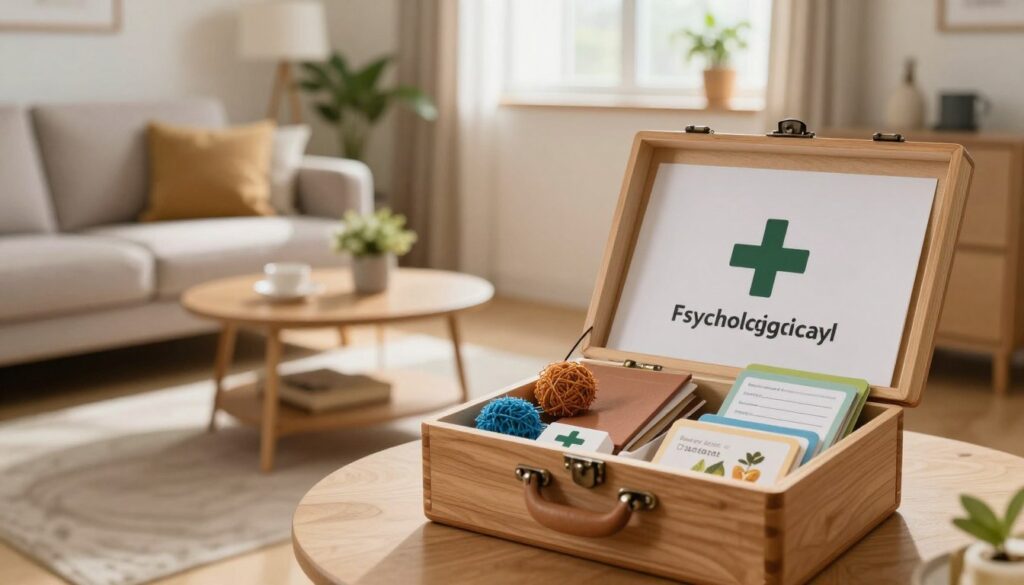 A cozy, inviting home setting featuring a well-organized psychological first aid kit. In the foreground, an open wooden box filled with neatly arranged items: journals, stress balls, calming teas, and mindfulness cards. In the middle, a warm, softly lit living room with a comfortable couch and a small table, adorned with plants and comforting decorations. In the background, a window allowing gentle natural light to stream in, enhancing the peaceful atmosphere of the room. The scene conveys a sense of safety and support, emphasizing the importance of evidence-based psychological care. Capture a warm color palette and a peaceful mood, focusing on the nurturing aspects of mental wellness without any people or text. A cozy, inviting home setting featuring a well-organized psychological first aid kit. In the foreground, an open wooden box filled with neatly arranged items: journals, stress balls, calming teas, and mindfulness cards. In the middle, a warm, softly lit living room with a comfortable couch and a small table, adorned with plants and comforting decorations. In the background, a window allowing gentle natural light to stream in, enhancing the peaceful atmosphere of the room. The scene conveys a sense of safety and support, emphasizing the importance of evidence-based psychological care. Capture a warm color palette and a peaceful mood, focusing on the nurturing aspects of mental wellness without any people or text.