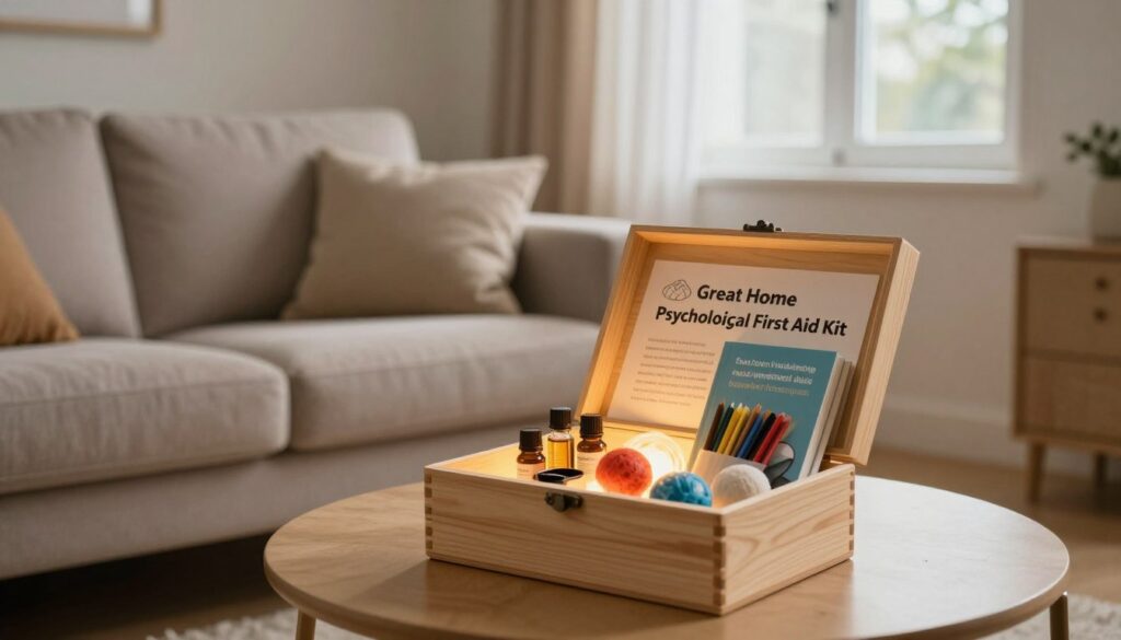 A cozy, inviting living room scene showcasing a "Great Home Psychological First Aid Kit." In the foreground, a beautifully arranged open wooden box filled with various mental health tools, such as calming essential oils, stress balls, art supplies, and self-help books, glowing softly under warm, inviting lighting. In the middle, a plush sofa with throw pillows, symbolizing comfort and support. A serene window in the background, with soft curtains fluttering, allowing gentle natural light to pour in, illuminating the space. An atmosphere of tranquility and safety is established, promoting a sense of emotional well-being. The overall composition is warm and welcoming, reflecting the nurturing aspect of a psychological care space. A cozy, inviting living room scene showcasing a "Great Home Psychological First Aid Kit." In the foreground, a beautifully arranged open wooden box filled with various mental health tools, such as calming essential oils, stress balls, art supplies, and self-help books, glowing softly under warm, inviting lighting. In the middle, a plush sofa with throw pillows, symbolizing comfort and support. A serene window in the background, with soft curtains fluttering, allowing gentle natural light to pour in, illuminating the space. An atmosphere of tranquility and safety is established, promoting a sense of emotional well-being. The overall composition is warm and welcoming, reflecting the nurturing aspect of a psychological care space.