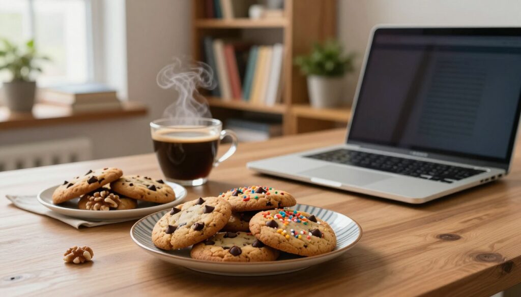 A cozy workspace featuring a wooden table adorned with an assortment of freshly baked cookies, warm and inviting. In the foreground, several cookies with chocolate chips, walnuts, and colorful sprinkles displayed on a decorative plate. In the middle ground, a steaming cup of coffee beside the cookies, and a sleek laptop softly illuminated by ambient light. The background has a bookshelf filled with neatly organized books and houseplants, adding a touch of greenery and warmth to the scene. Soft, natural light filters in through a window, creating a relaxed atmosphere. The overall mood is inviting and comforting, emphasizing a connection between delicious treats and user-friendly design.