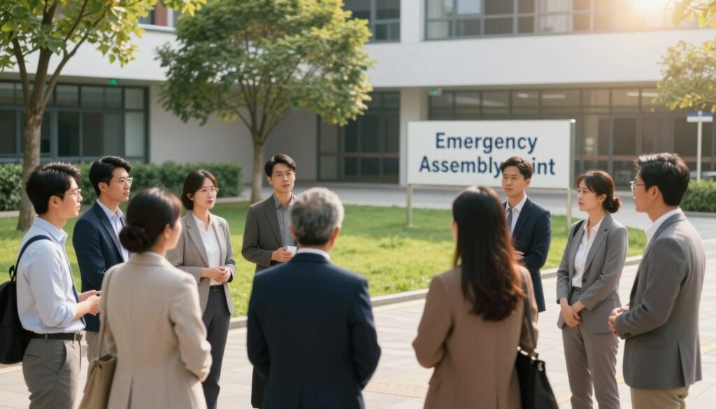 A designated emergency evacuation assembly point in a public setting, depicted with clear signage indicating "Emergency Assembly Point". In the foreground, a diverse group of individuals in professional attire, including a mix of business suits and casual but modest clothing, gather around facing one another, discussing. In the middle ground, a well-maintained open area with green grass and a few trees, creating a calm environment. In the background, a modern building with large windows and emergency exit signs visible. The scene is illuminated by soft, natural daylight that creates a warm and reassuring atmosphere, with a slight lens flare from the sun in the upper corner, emphasizing the importance of preparedness and safety.