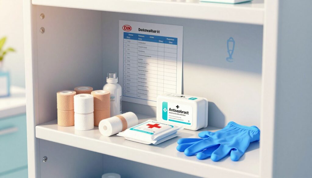 A detailed and informative illustration depicting a medical supplies cabinet adhering to DIN safety standards. In the foreground, neatly arranged first aid items, including bandages, antiseptic wipes, and surgical gloves, are displayed on a clean white shelf. The middle ground features a checklist with highlighted DIN specifications, showcasing the importance of compliance in medical equipment. In the background, a softly lit clinic room with a faint outline of a stethoscope and medical charts conveys a professional atmosphere. The lighting is bright yet warm, suggesting a welcoming and safe environment. The angle captures the cabinet at a slight tilt, allowing viewers to appreciate the organization of medical supplies while emphasizing the importance of safety standards.