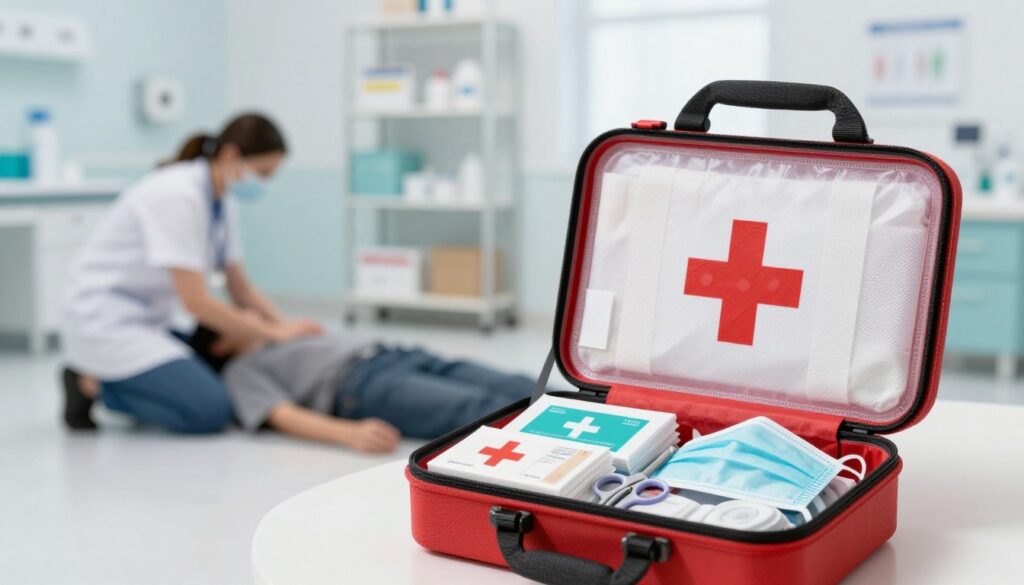 A detailed and organized first aid kit prominently displayed in the foreground, with an open top revealing neatly arranged essentials such as bandages, antiseptic wipes, scissors, and a CPR mask. The middle ground features a soft-focus emergency scenario setup, with a blurred silhouette of a person in a professional outfit attending to someone on the ground, suggesting urgency and care. In the background, a clean, well-lit medical environment with shelves of medical supplies, creating a calming yet alert atmosphere. The lighting is bright but soft, with a slight vignette effect, enhancing the focus on the first aid kit. The image conveys a sense of preparedness and professionalism, perfect for illustrating key elements of a rescue kit. A detailed and organized first aid kit prominently displayed in the foreground, with an open top revealing neatly arranged essentials such as bandages, antiseptic wipes, scissors, and a CPR mask. The middle ground features a soft-focus emergency scenario setup, with a blurred silhouette of a person in a professional outfit attending to someone on the ground, suggesting urgency and care. In the background, a clean, well-lit medical environment with shelves of medical supplies, creating a calming yet alert atmosphere. The lighting is bright but soft, with a slight vignette effect, enhancing the focus on the first aid kit. The image conveys a sense of preparedness and professionalism, perfect for illustrating key elements of a rescue kit.