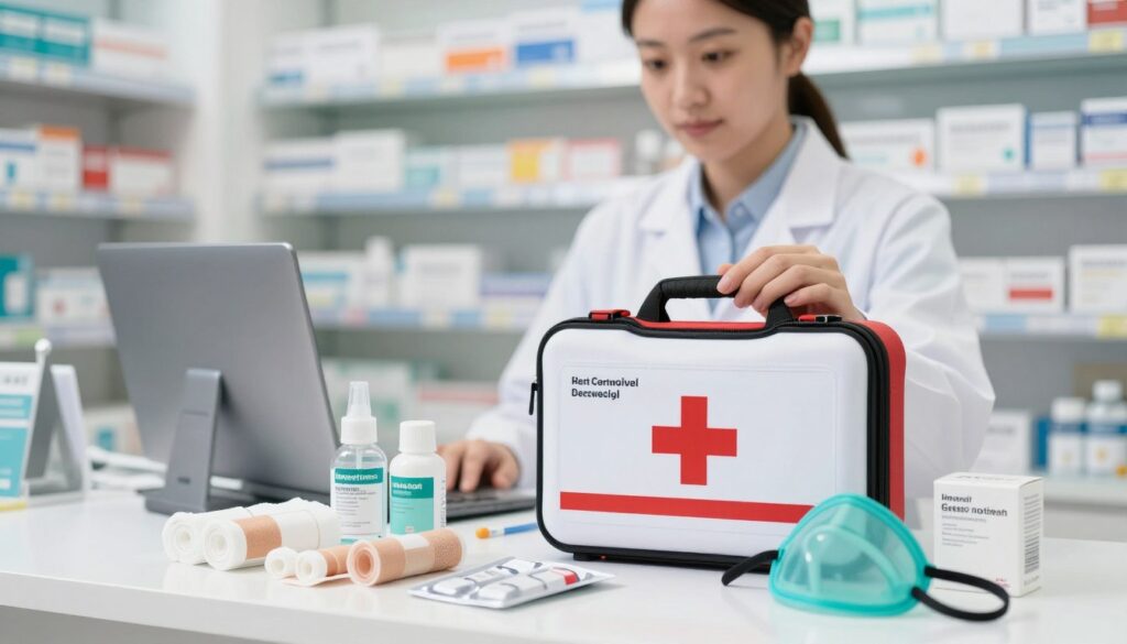 A detailed and professional first-aid kit, labeled according to pharmacy regulations, placed prominently on a clean, sterile surface. The foreground features various medical supplies, including bandages, antiseptics, and a CPR mask, neatly organized within the kit. In the middle ground, a health professional in a white lab coat examines the kit, ensuring compliance with legal standards; they have a focused expression, suggesting diligence and care. The background shows a bright, well-lit pharmacy setting with shelves filled with medicine and health products for added context. Soft, natural lighting enhances the clarity of the scene, while a shallow depth of field keeps the focus on the kit and the professional. The overall atmosphere conveys trustworthiness and safety, ideal for discussing regulatory compliance.