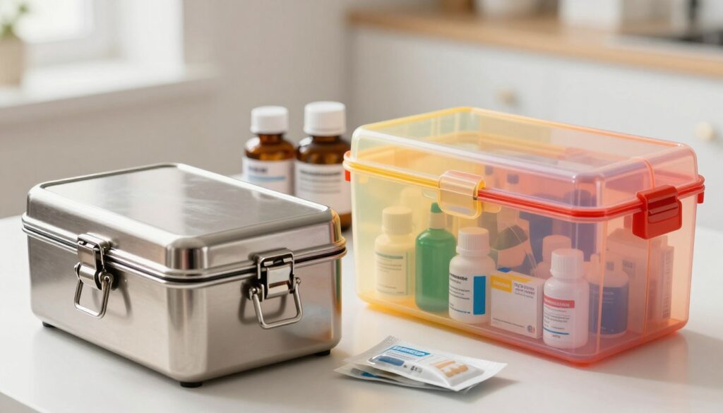 A detailed comparison image featuring a metallic and a plastic medical storage box side by side. In the foreground, the shiny metallic box has a sleek design with a clasp, reflecting ambient light, while the plastic box is colorful and slightly translucent, showcasing various health supplies within. The middle ground displays a few open bottles of medicine, band-aids, and antiseptic wipes, creating a sense of practicality. The background is softly blurred, hinting at a well-lit room, conveying a clean and organized atmosphere. Use soft, natural lighting to enhance the colors and provide a warm, inviting feel. The angle should be slightly elevated above eye level to capture the contents of both boxes clearly, emphasizing their differences in design and usability. A detailed comparison image featuring a metallic and a plastic medical storage box side by side. In the foreground, the shiny metallic box has a sleek design with a clasp, reflecting ambient light, while the plastic box is colorful and slightly translucent, showcasing various health supplies within. The middle ground displays a few open bottles of medicine, band-aids, and antiseptic wipes, creating a sense of practicality. The background is softly blurred, hinting at a well-lit room, conveying a clean and organized atmosphere. Use soft, natural lighting to enhance the colors and provide a warm, inviting feel. The angle should be slightly elevated above eye level to capture the contents of both boxes clearly, emphasizing their differences in design and usability.