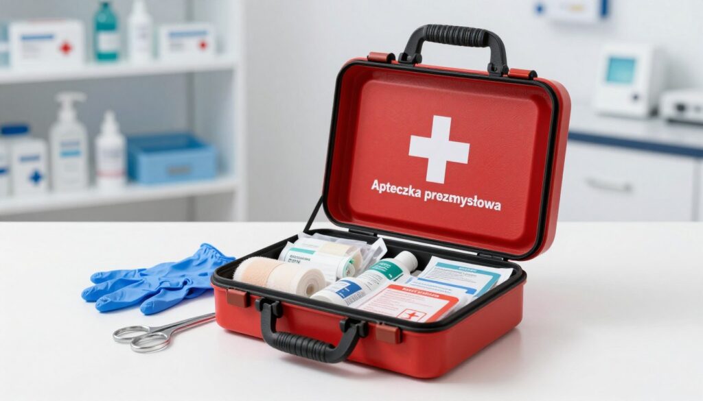 A detailed depiction of an industrial first aid kit (apteczka przemysłowa) displayed prominently on a clean, white background. In the foreground, focus on the open kit, showcasing neatly arranged medical supplies such as bandages, antiseptics, and emergency instructions, all clearly labeled for easy identification. The middle ground features a few essential items partially outside the kit, like gloves and scissors, emphasizing accessibility. In the background, softly blurred shelves stocked with various medical equipment hint at a professional setting, suggesting readiness and safety in an industrial environment. The lighting is bright and even, enhancing the clarity of each item and creating a sterile, professional atmosphere. The composition captures the importance of clear labeling in first aid preparedness without text or distractions. A detailed depiction of an industrial first aid kit (apteczka przemysłowa) displayed prominently on a clean, white background. In the foreground, focus on the open kit, showcasing neatly arranged medical supplies such as bandages, antiseptics, and emergency instructions, all clearly labeled for easy identification. The middle ground features a few essential items partially outside the kit, like gloves and scissors, emphasizing accessibility. In the background, softly blurred shelves stocked with various medical equipment hint at a professional setting, suggesting readiness and safety in an industrial environment. The lighting is bright and even, enhancing the clarity of each item and creating a sterile, professional atmosphere. The composition captures the importance of clear labeling in first aid preparedness without text or distractions.