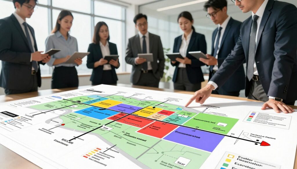A detailed evacuation diagram illustrating various types of evacuations within a crisis management system. In the foreground, a professional-looking evacuation plan with clearly marked routes and colored sections representing different evacuation types. The middle layer shows a team of people dressed in business attire, discussing the plan, pointing to various parts of the diagram, and using digital tablets to analyze data. The background features a modern office environment with large windows, allowing natural light to flood the space, casting soft shadows. The mood is focused and serious, emphasizing teamwork and preparation for emergencies. Use a wide-angle lens to capture all details clearly, ensuring the diagram is the focal point of the image without any text or logos. A detailed evacuation diagram illustrating various types of evacuations within a crisis management system. In the foreground, a professional-looking evacuation plan with clearly marked routes and colored sections representing different evacuation types. The middle layer shows a team of people dressed in business attire, discussing the plan, pointing to various parts of the diagram, and using digital tablets to analyze data. The background features a modern office environment with large windows, allowing natural light to flood the space, casting soft shadows. The mood is focused and serious, emphasizing teamwork and preparation for emergencies. Use a wide-angle lens to capture all details clearly, ensuring the diagram is the focal point of the image without any text or logos.