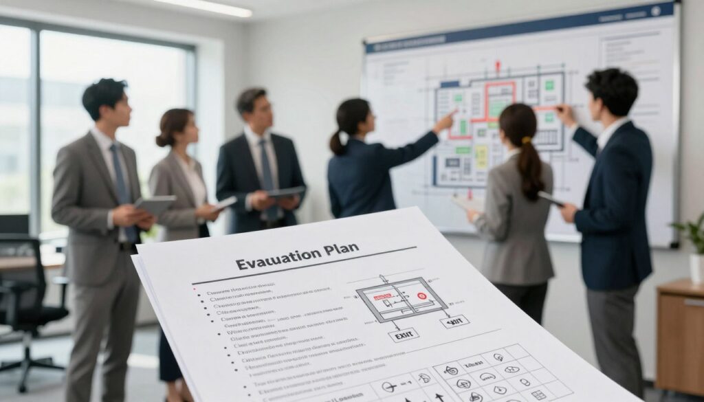 A detailed evacuation plan document displayed prominently in the foreground, showcasing a well-structured layout with bullet points, diagrams, and key symbols indicating exits and safety procedures. In the middle ground, a diverse group of professionals in business attire discusses the plan, gesturing towards a large wall-mounted map of an office building layout. The background features a modern office environment, with large windows allowing natural light to filter in, creating a bright and motivating atmosphere. The image should convey a sense of urgency and preparedness, with soft focus on the professionals conversing to emphasize the plan's importance. Utilize a standard lens with good depth of field to ensure clarity and focus on both the document and the individuals engaged in discussion.