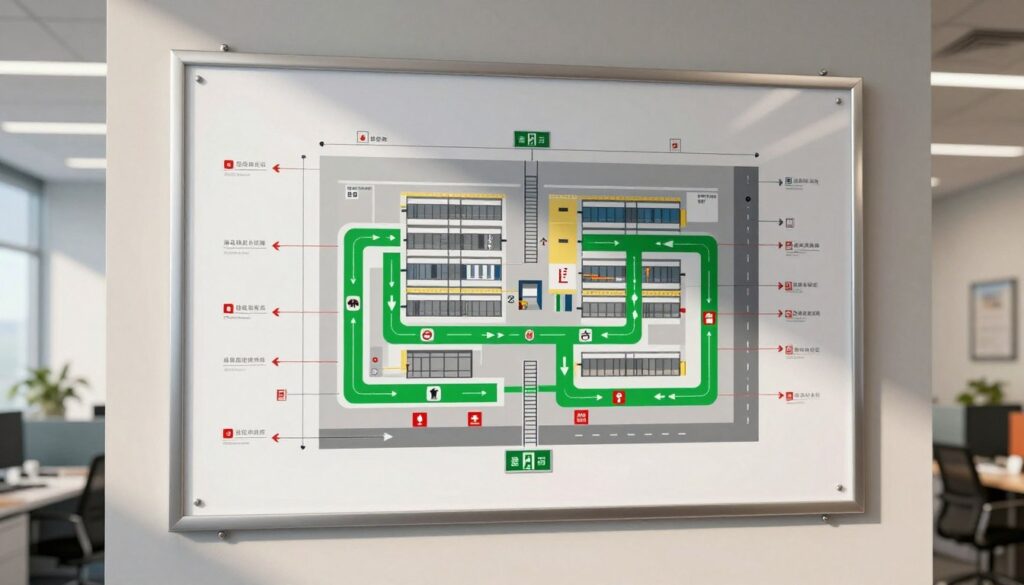 A detailed evacuation plan of a modern office building, depicted on a large, clear poster mounted on a wall. In the foreground, highlight essential elements such as clearly marked escape routes in bright green, emergency exits illuminated with safety signs, and symbols for fire extinguishers and first aid kits. The middle ground features a well-structured layout showing different floors and staircases, with arrows indicating directions to safety. The background includes a serene office environment with neutral lighting, soft shadows creating a calm atmosphere. The perspective is slightly elevated, allowing for a comprehensive view of the plan while ensuring clarity and focus on the critical elements that must be included in an evacuation plan. The image should evoke a sense of safety and preparedness, free from text, watermarks, or other distractions. A detailed evacuation plan of a modern office building, depicted on a large, clear poster mounted on a wall. In the foreground, highlight essential elements such as clearly marked escape routes in bright green, emergency exits illuminated with safety signs, and symbols for fire extinguishers and first aid kits. The middle ground features a well-structured layout showing different floors and staircases, with arrows indicating directions to safety. The background includes a serene office environment with neutral lighting, soft shadows creating a calm atmosphere. The perspective is slightly elevated, allowing for a comprehensive view of the plan while ensuring clarity and focus on the critical elements that must be included in an evacuation plan. The image should evoke a sense of safety and preparedness, free from text, watermarks, or other distractions.