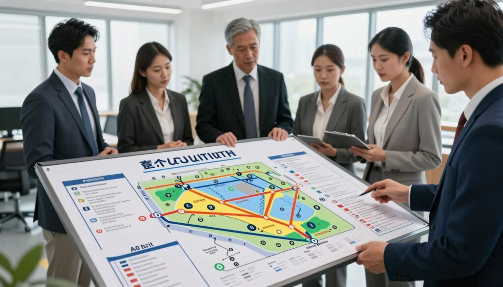 A detailed evacuation plan on an A0-sized poster, displayed prominently in a well-lit office environment. In the foreground, the plan features distinct sections outlining safe routes, assembly points, and emergency exits, marked with vibrant colors for clarity. The middle ground includes a group of professional individuals dressed in business attire, reviewing the plan attentively, suggesting collaboration and preparedness. In the background, large windows allow natural light to flood the room, creating a sense of urgency and importance. The atmosphere is focused and serious, underscoring the gravity of emergency preparedness in the workplace. The image is captured from a slightly elevated angle, providing a comprehensive view of the poster and the engaged individuals around it, emphasizing the central theme of effective evacuation planning. A detailed evacuation plan on an A0-sized poster, displayed prominently in a well-lit office environment. In the foreground, the plan features distinct sections outlining safe routes, assembly points, and emergency exits, marked with vibrant colors for clarity. The middle ground includes a group of professional individuals dressed in business attire, reviewing the plan attentively, suggesting collaboration and preparedness. In the background, large windows allow natural light to flood the room, creating a sense of urgency and importance. The atmosphere is focused and serious, underscoring the gravity of emergency preparedness in the workplace. The image is captured from a slightly elevated angle, providing a comprehensive view of the poster and the engaged individuals around it, emphasizing the central theme of effective evacuation planning.