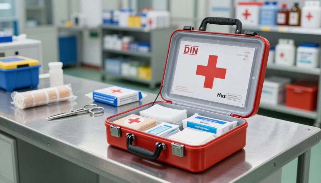 A detailed first aid kit designed according to DIN standards, prominently displayed in the foreground. The kit should be open, showcasing neatly organized supplies such as bandages, antiseptic wipes, gauze, and medical scissors, all labeled for easy identification. In the middle ground, a clean and well-organized industrial workspace is visible, featuring a metal workbench with safety equipment and shelving stocked with various first aid resources. The background shows a blurred view of a manufacturing facility, subtly highlighting the importance of safety standards in such environments. Bright, even lighting illuminates the scene, creating a professional and serious atmosphere. The composition should be shot from a slightly elevated angle to capture the depth of the workspace while keeping the first aid kit as the primary focus. A detailed first aid kit designed according to DIN standards, prominently displayed in the foreground. The kit should be open, showcasing neatly organized supplies such as bandages, antiseptic wipes, gauze, and medical scissors, all labeled for easy identification. In the middle ground, a clean and well-organized industrial workspace is visible, featuring a metal workbench with safety equipment and shelving stocked with various first aid resources. The background shows a blurred view of a manufacturing facility, subtly highlighting the importance of safety standards in such environments. Bright, even lighting illuminates the scene, creating a professional and serious atmosphere. The composition should be shot from a slightly elevated angle to capture the depth of the workspace while keeping the first aid kit as the primary focus.