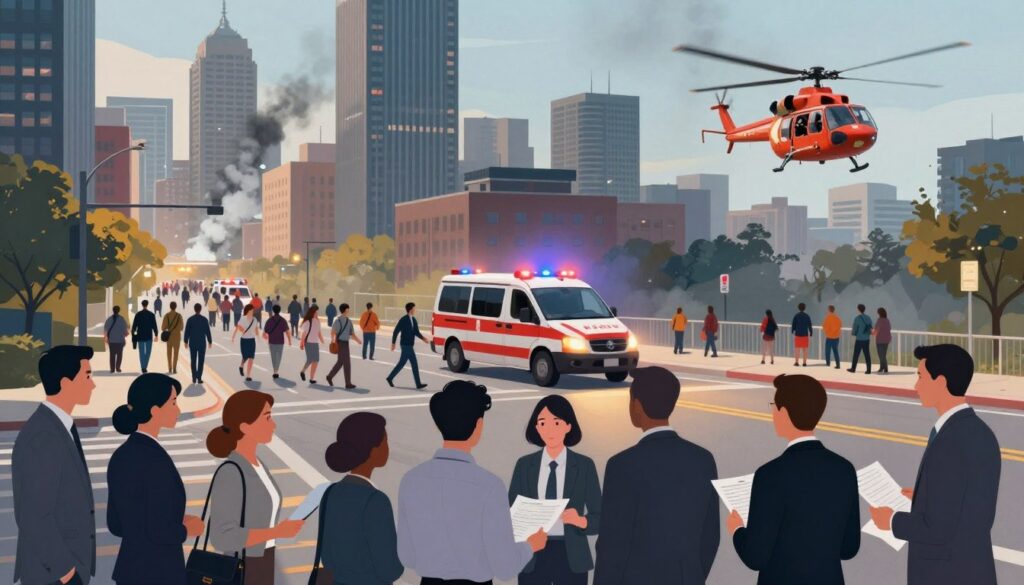 A detailed illustration depicting various types of evacuation scenarios in response to different levels of threat. In the foreground, show a group of professionals dressed in business attire discussing evacuation plans. In the middle ground, illustrate diverse evacuation methods: a calm pedestrian evacuation on a city street, emergency vehicles with flashing lights, and an aerial view of people being airlifted by a helicopter. The background should feature a city skyline, with one building exhibiting smoke to indicate a minor emergency. Use dynamic lighting to create a sense of urgency, with warm tones around the people to enhance teamwork and cool tones for the smoke. The overall atmosphere should convey a balance between preparation and urgency, emphasizing the importance of organized response strategies. A detailed illustration depicting various types of evacuation scenarios in response to different levels of threat. In the foreground, show a group of professionals dressed in business attire discussing evacuation plans. In the middle ground, illustrate diverse evacuation methods: a calm pedestrian evacuation on a city street, emergency vehicles with flashing lights, and an aerial view of people being airlifted by a helicopter. The background should feature a city skyline, with one building exhibiting smoke to indicate a minor emergency. Use dynamic lighting to create a sense of urgency, with warm tones around the people to enhance teamwork and cool tones for the smoke. The overall atmosphere should convey a balance between preparation and urgency, emphasizing the importance of organized response strategies.
