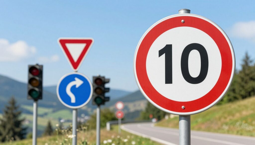 A detailed illustration of essential road signs and driving rules relevant to Slovakia, focusing on key regulations for drivers. In the foreground, feature a prominent stop sign and a speed limit sign, both realistically detailed. The middle ground should depict various traffic signals, including a yield sign and a roundabout sign, arranged artfully. The background should subtly include a serene Slovakian landscape with rolling hills and a clear blue sky, enhancing the scene's context. Lighting should be bright and natural, emulating a sunny day with soft shadows. The atmosphere should convey a sense of safety and responsibility, ideal for educating drivers about road regulations. Ensure all elements are presented clearly and artistically without any text or branding. A detailed illustration of essential road signs and driving rules relevant to Slovakia, focusing on key regulations for drivers. In the foreground, feature a prominent stop sign and a speed limit sign, both realistically detailed. The middle ground should depict various traffic signals, including a yield sign and a roundabout sign, arranged artfully. The background should subtly include a serene Slovakian landscape with rolling hills and a clear blue sky, enhancing the scene's context. Lighting should be bright and natural, emulating a sunny day with soft shadows. The atmosphere should convey a sense of safety and responsibility, ideal for educating drivers about road regulations. Ensure all elements are presented clearly and artistically without any text or branding.