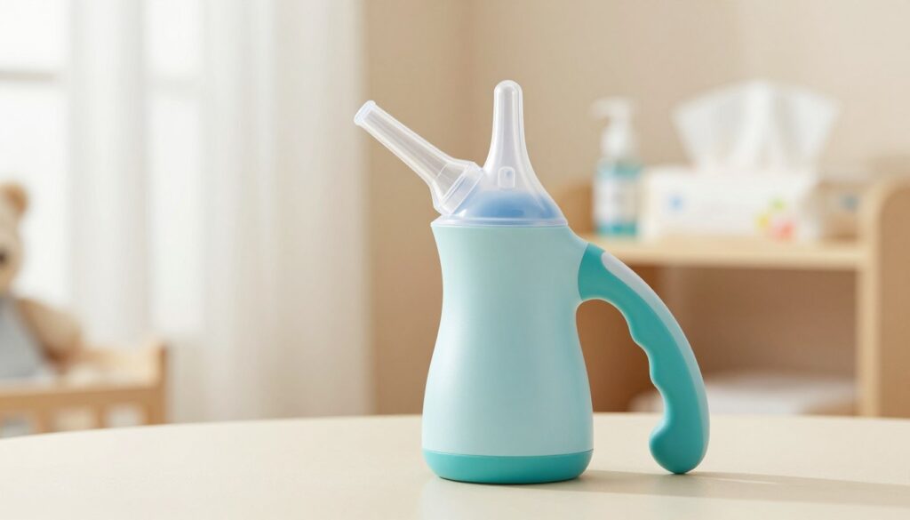 A detailed image of a baby nasal aspirator, showcasing a soft, ergonomic design suitable for infants. The aspirator should be in the foreground, displaying its gentle suction tip and easy-grip handle, emphasizing safety and functionality. In the background, include a cozy nursery setting with soft pastel colors and natural light filtering through sheer curtains, creating a warm and inviting atmosphere. A shelf with baby care essentials like tissues and saline solution gently blurs behind the aspirator, adding context without distraction. Capture the scene with a slightly elevated angle to highlight the aspirator's features, using a soft focus to instill a sense of care and nurturing. The overall mood should evoke reassurance and comfort for parents, emphasizing the importance of healthy baby care. A detailed image of a baby nasal aspirator, showcasing a soft, ergonomic design suitable for infants. The aspirator should be in the foreground, displaying its gentle suction tip and easy-grip handle, emphasizing safety and functionality. In the background, include a cozy nursery setting with soft pastel colors and natural light filtering through sheer curtains, creating a warm and inviting atmosphere. A shelf with baby care essentials like tissues and saline solution gently blurs behind the aspirator, adding context without distraction. Capture the scene with a slightly elevated angle to highlight the aspirator's features, using a soft focus to instill a sense of care and nurturing. The overall mood should evoke reassurance and comfort for parents, emphasizing the importance of healthy baby care.