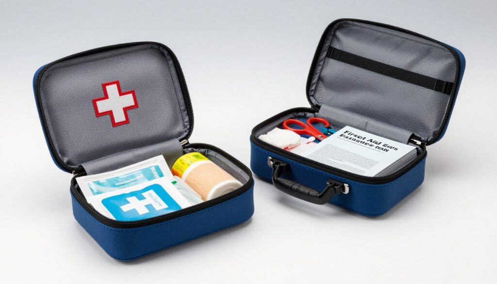 A detailed image of a car first aid kit, illustrating both a soft pouch and a hard case, placed side by side on a clean, neutral background. The foreground should showcase the soft pouch with a zipper open to reveal colorful medical supplies like bandages, antiseptic wipes, and gauze, while the hard case is depicted with its lid slightly ajar, displaying neatly organized contents such as emergency scissors and a first aid manual. The middle ground presents subtle reflections of light, giving a fresh and practical mood. For the background, use a light gradient to add depth without distraction. The lighting should be soft and even, emulating natural daylight, with a slight overhead angle to enhance visibility of the kits' details, ensuring a clear and informative representation of their differences. A detailed image of a car first aid kit, illustrating both a soft pouch and a hard case, placed side by side on a clean, neutral background. The foreground should showcase the soft pouch with a zipper open to reveal colorful medical supplies like bandages, antiseptic wipes, and gauze, while the hard case is depicted with its lid slightly ajar, displaying neatly organized contents such as emergency scissors and a first aid manual. The middle ground presents subtle reflections of light, giving a fresh and practical mood. For the background, use a light gradient to add depth without distraction. The lighting should be soft and even, emulating natural daylight, with a slight overhead angle to enhance visibility of the kits' details, ensuring a clear and informative representation of their differences.